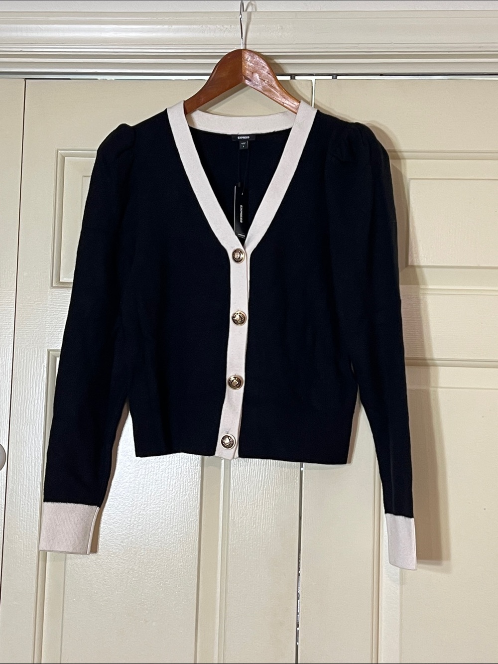 Express Black Cardigan with Cream Trim and Gold Buttons